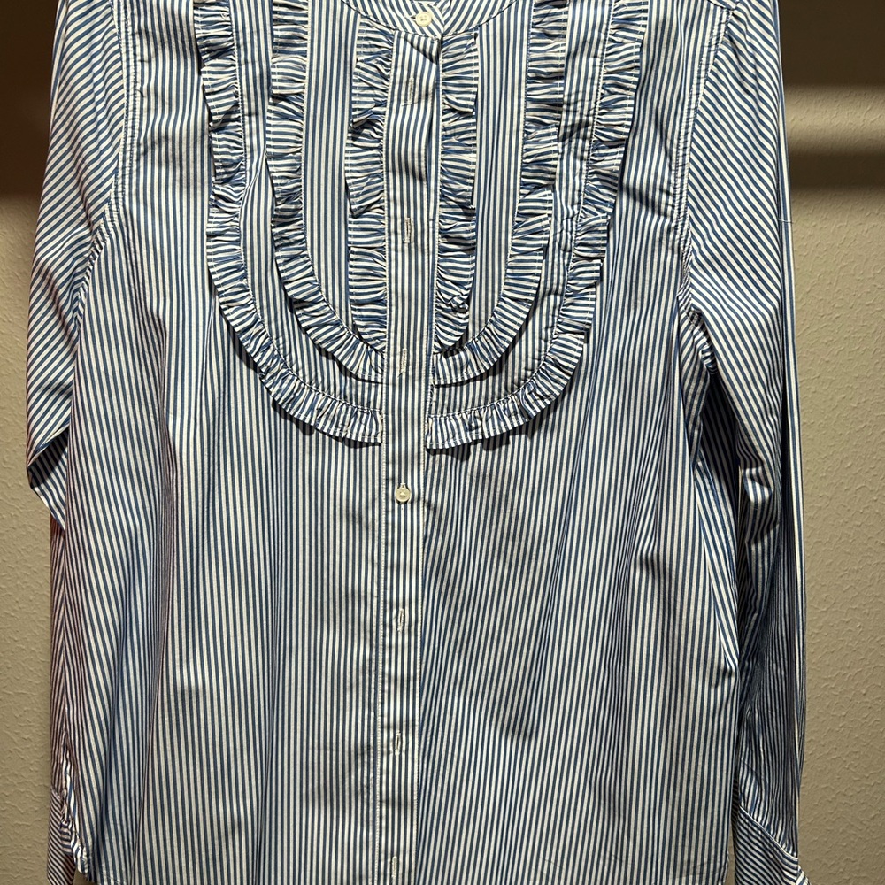 XL J.Crew Blue & White Striped & Ruffled Button Down Top - Immaculate Condition.
